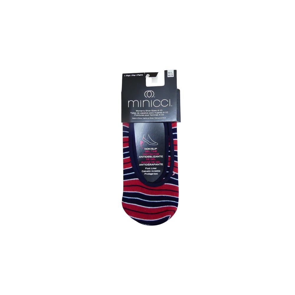 Minicci Foot Liner Socks Women M/L Red Blue NWT Striped Non-Slip Gel Tab 1 Pair
